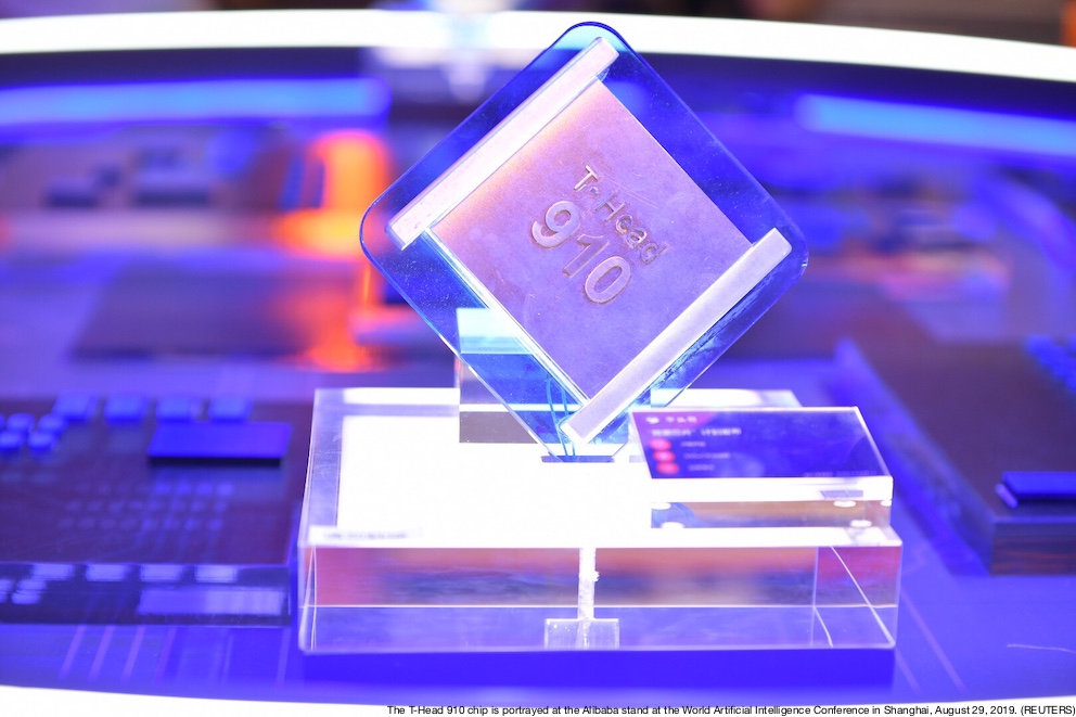 The T-Head 910 chip is portrayed at the Alibaba stand at the World Artificial Intelligence Conference in Shanghai, August 29, 2019. (REUTERS)